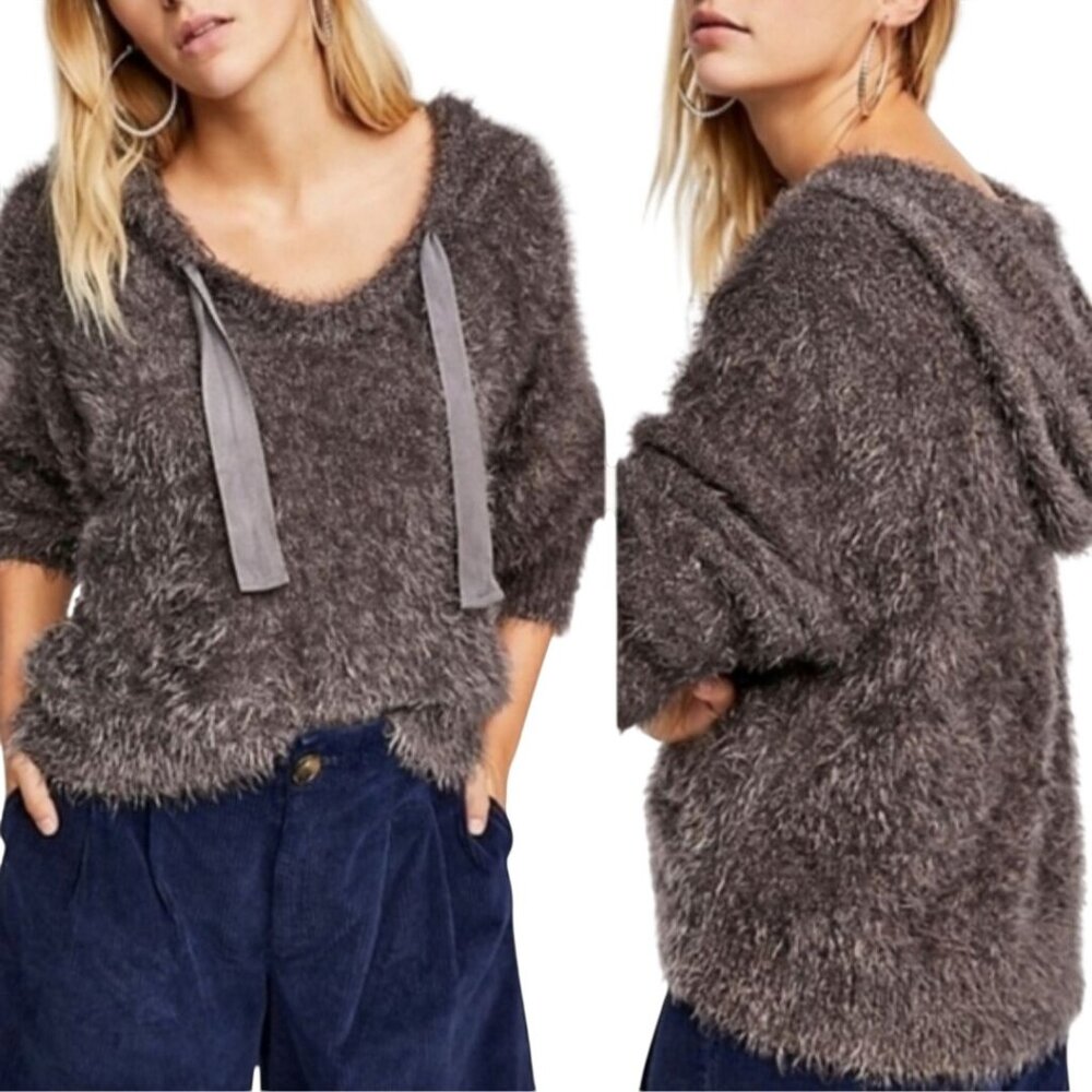 Free People Light As A Feather Gray Eyelash Hoodie Cozy Oversized Size S